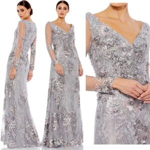 Mac Duggal Silver Embellished Maxi Dress